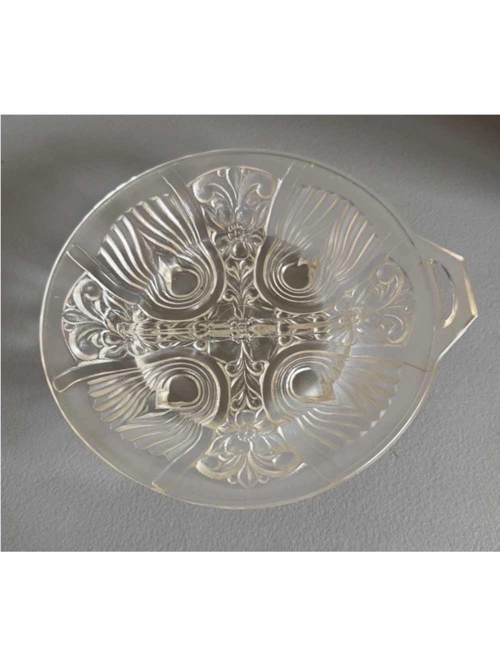 Vintage Clear Pressed Glass Divided Relish Dish Floral Scroll Handle 8" Serving